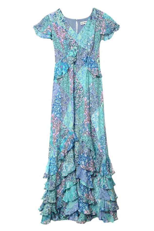 Women RIXO Last Chance Thanvi Silk Midi Dress Patchwork Blue