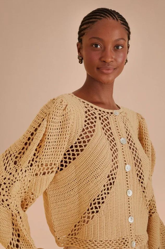 Women Sand Flower Draw Crochet Cardigan Offwhite FARM Rio Cardigans