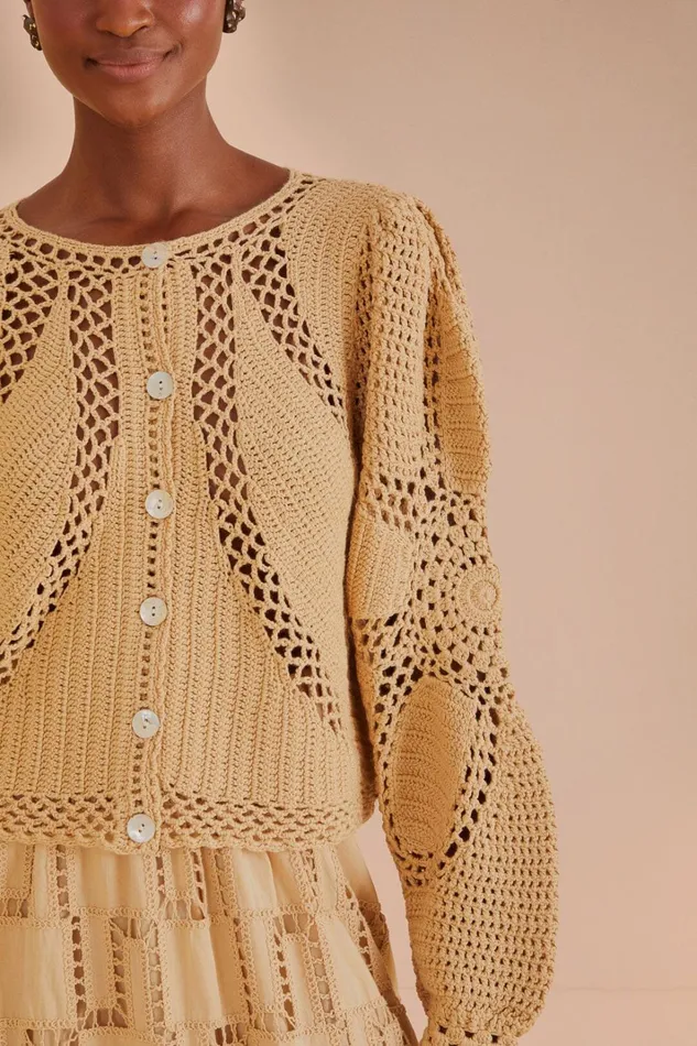Women Sand Flower Draw Crochet Cardigan Offwhite FARM Rio Cardigans