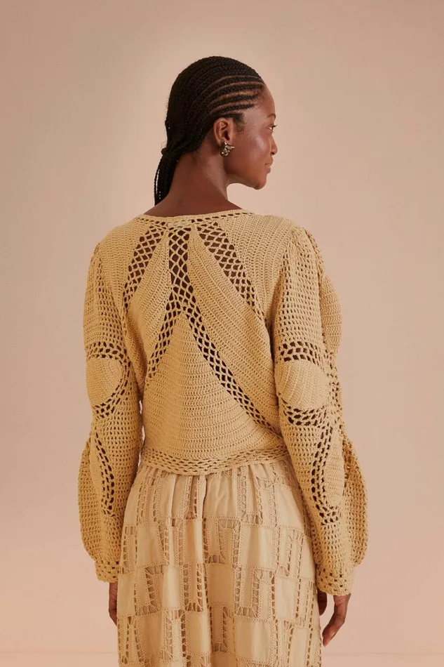Women Sand Flower Draw Crochet Cardigan Offwhite FARM Rio Cardigans