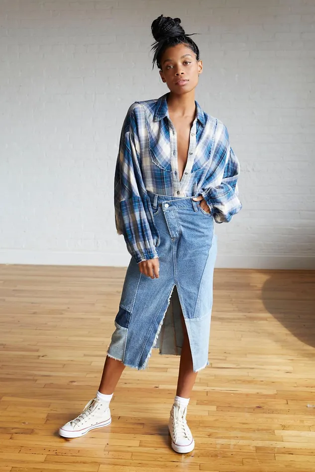Women Skirts Free People Tennyson Denim Midi Skirt Vintage Blue