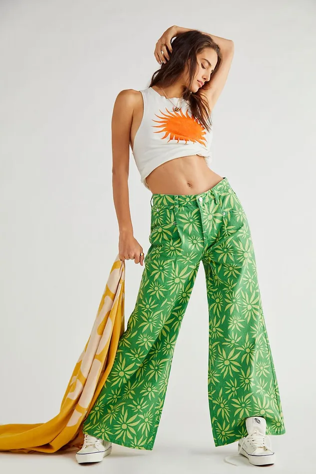 Women Statement Jeans Free People Oversized Slouchy Printed Jeans Lime Combo