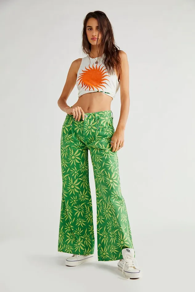 Women Statement Jeans Free People Oversized Slouchy Printed Jeans Lime Combo