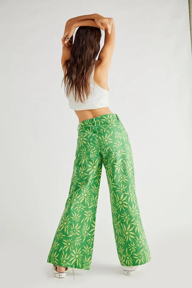 Women Statement Jeans Free People Oversized Slouchy Printed Jeans Lime Combo