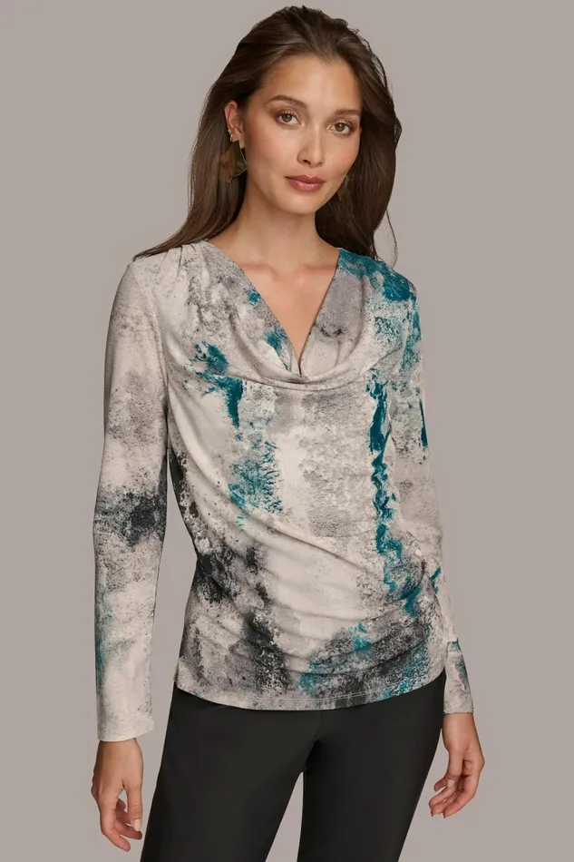 Women Sweaters And Tops Donna Karan PRINT DRAPE FRONT TOP Peacock Blue