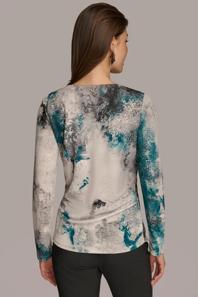 Women Sweaters And Tops Donna Karan PRINT DRAPE FRONT TOP Peacock Blue