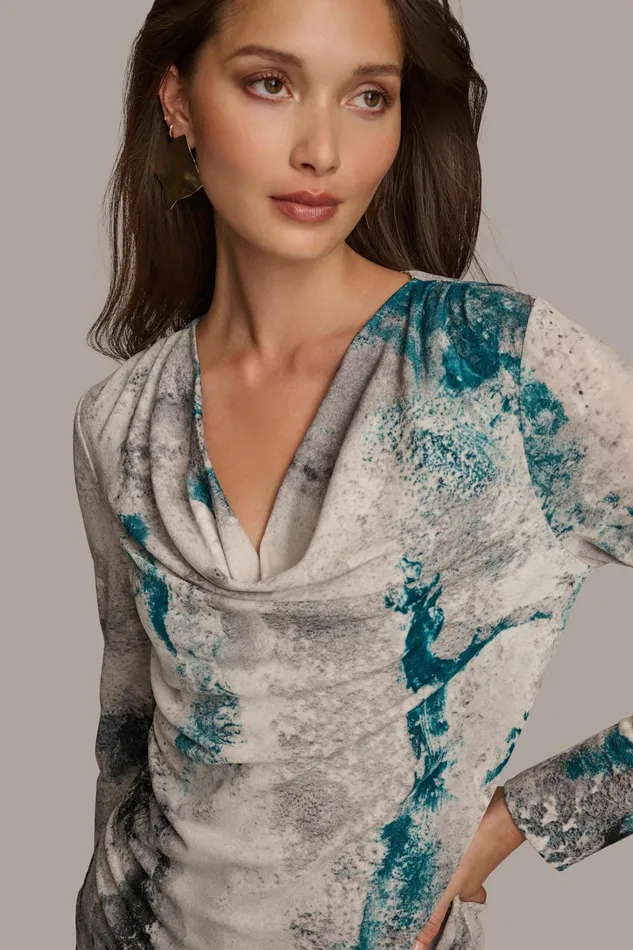 Women Sweaters And Tops Donna Karan PRINT DRAPE FRONT TOP Peacock Blue