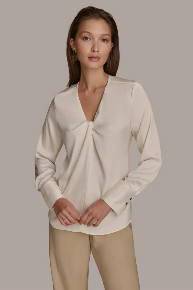 Women Sweaters And Tops Donna Karan TWIST NECK BLOUSE Ivory