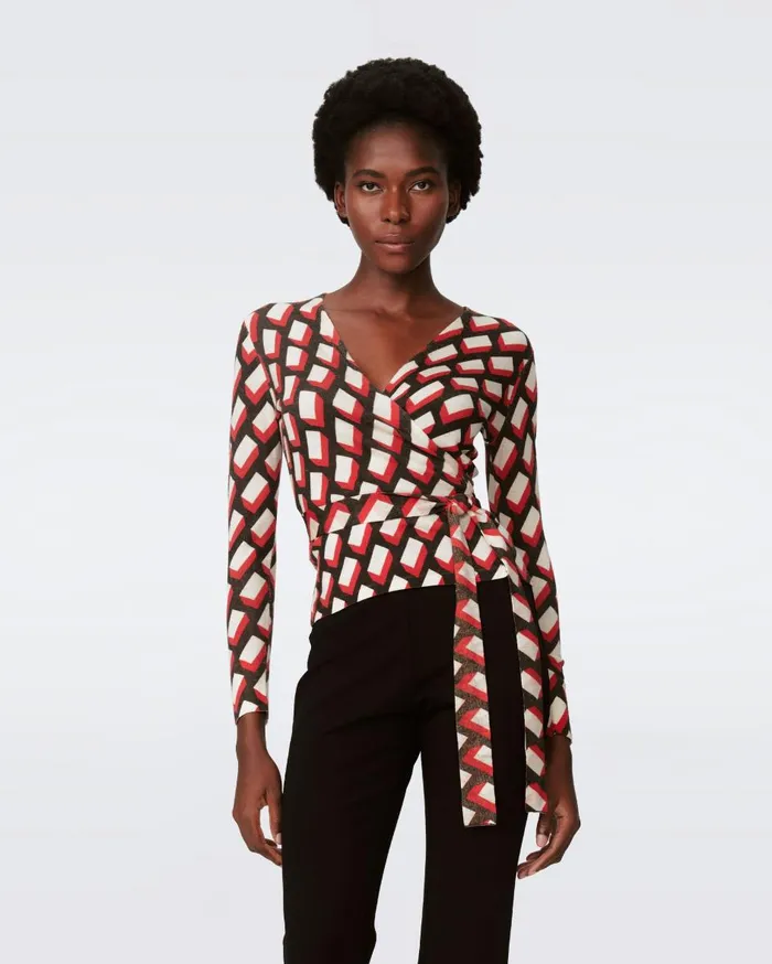 Women Vincente Wool Wrap Top Blocks Red DVF Tops