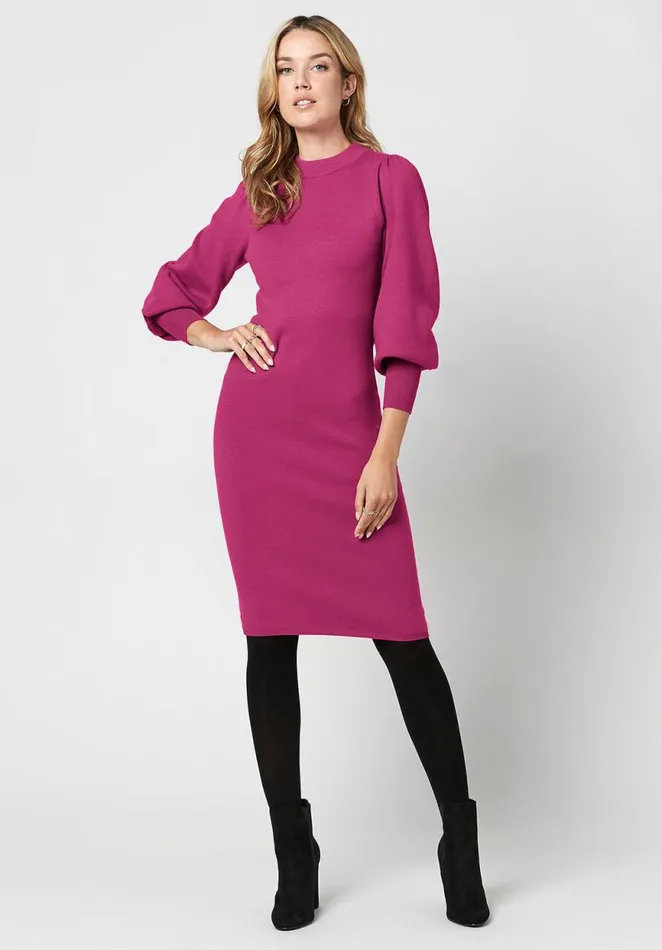 Women Voluminous Sleeve Tyra Sweater Dress Fuchsia Buffalo David Bitton Dresses and Jumpsuits