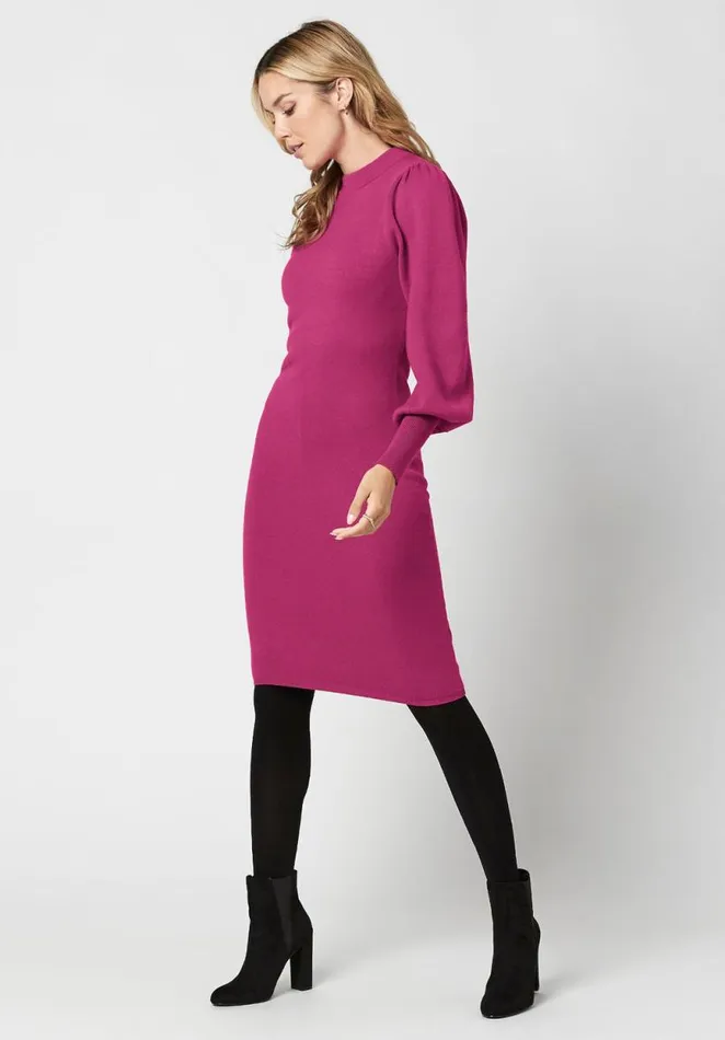 Women Voluminous Sleeve Tyra Sweater Dress Fuchsia Buffalo David Bitton Dresses and Jumpsuits