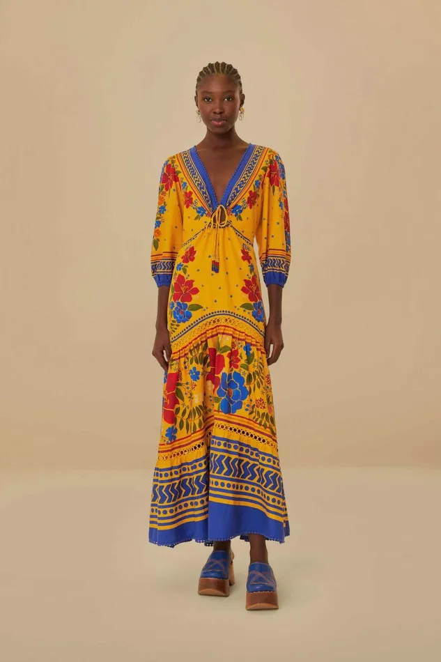 Women Yellow Floral Yard Lenzing Ecovero Euroflax Maxi Dress Floral Yard Yellow FARM Rio Maxi Dresses