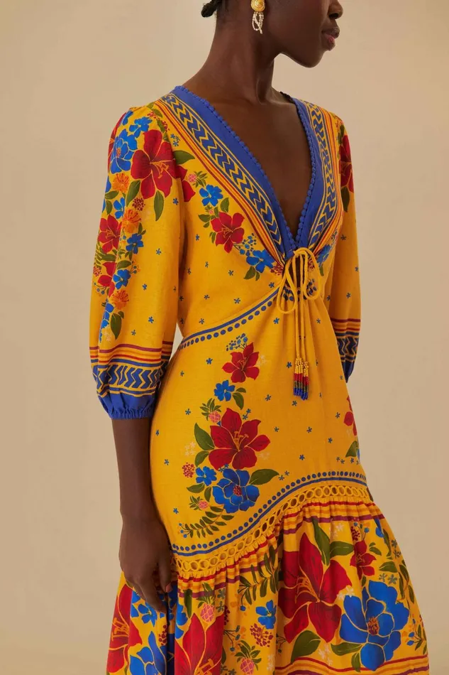 Women Yellow Floral Yard Lenzing Ecovero Euroflax Maxi Dress Floral Yard Yellow FARM Rio Maxi Dresses