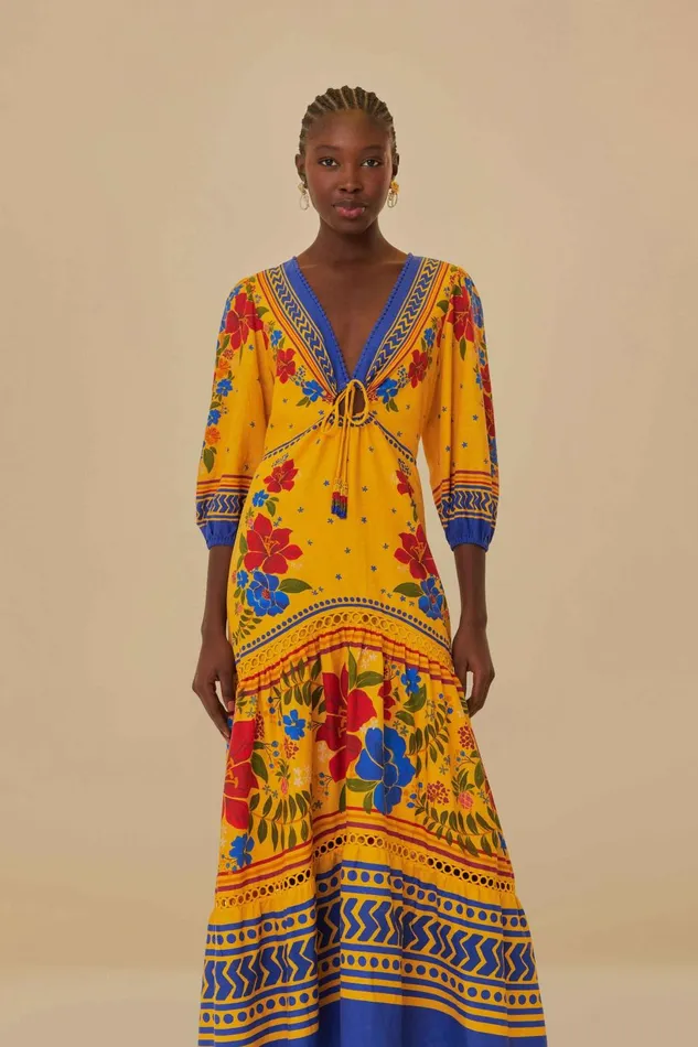 Women Yellow Floral Yard Lenzing Ecovero Euroflax Maxi Dress Floral Yard Yellow FARM Rio Maxi Dresses