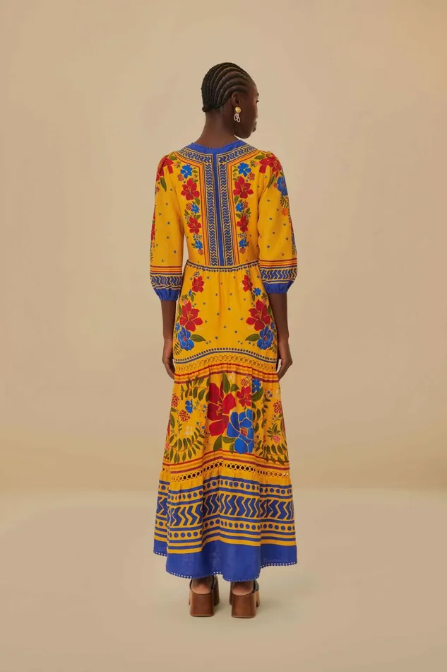 Women Yellow Floral Yard Lenzing Ecovero Euroflax Maxi Dress Floral Yard Yellow FARM Rio Maxi Dresses