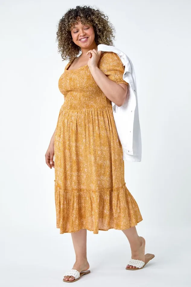 Yellow Curve Printed Crinkle Shirred Midi Dress Women Roman Dresses