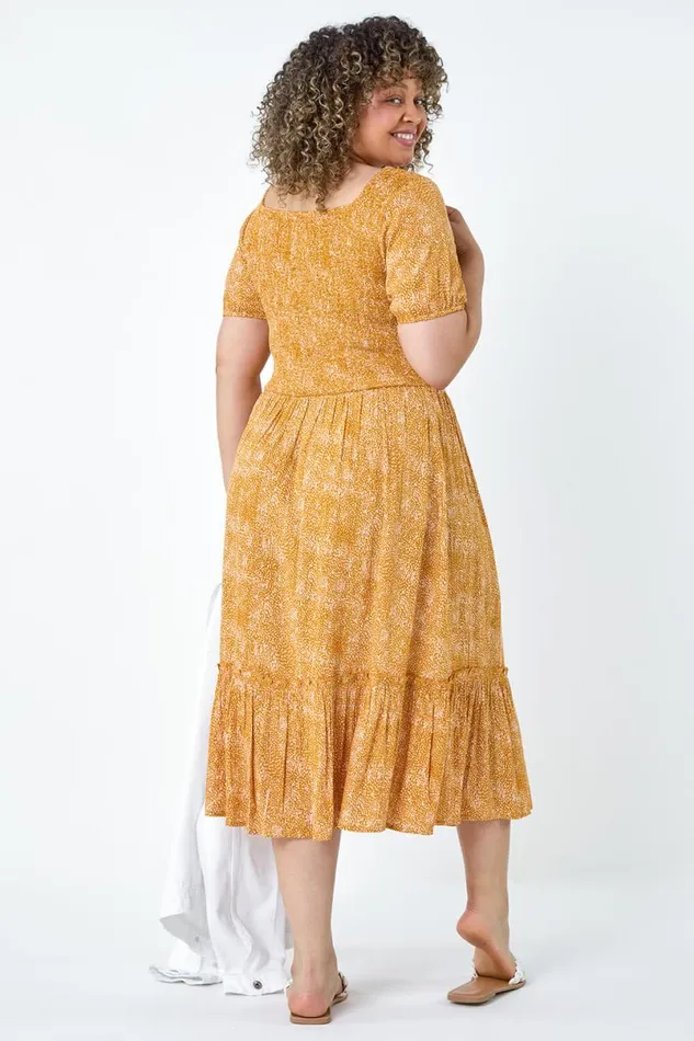 Yellow Curve Printed Crinkle Shirred Midi Dress Women Roman Dresses