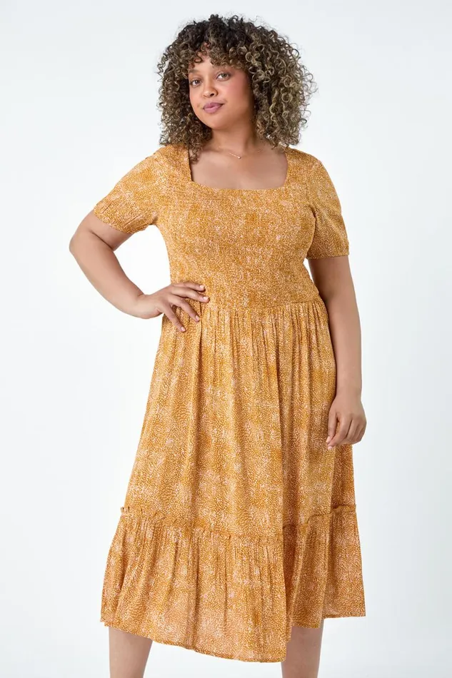 Yellow Curve Printed Crinkle Shirred Midi Dress Women Roman Dresses