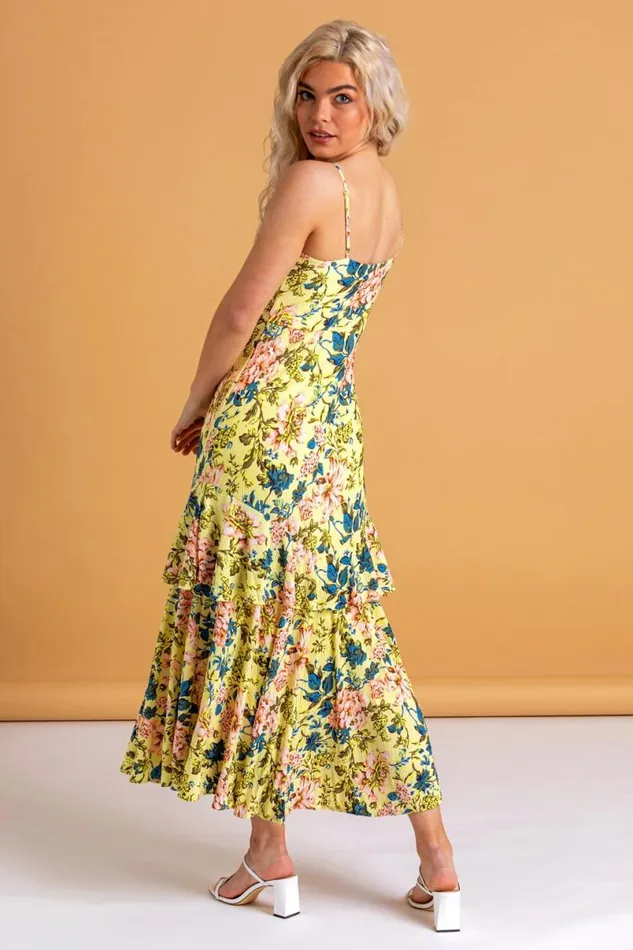 Yellow Fluted Hem Floral Print Dress Women Roman Dresses