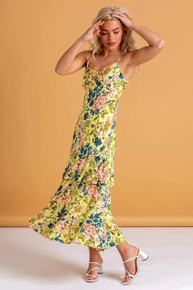 Yellow Fluted Hem Floral Print Dress Women Roman Dresses