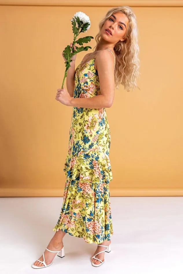 Yellow Fluted Hem Floral Print Dress Women Roman Dresses