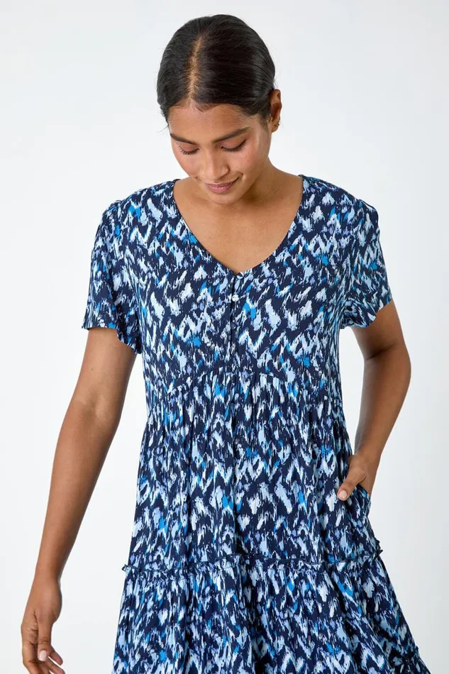 Zig Zag Pocket Tiered Smock Dress Women Roman Dresses